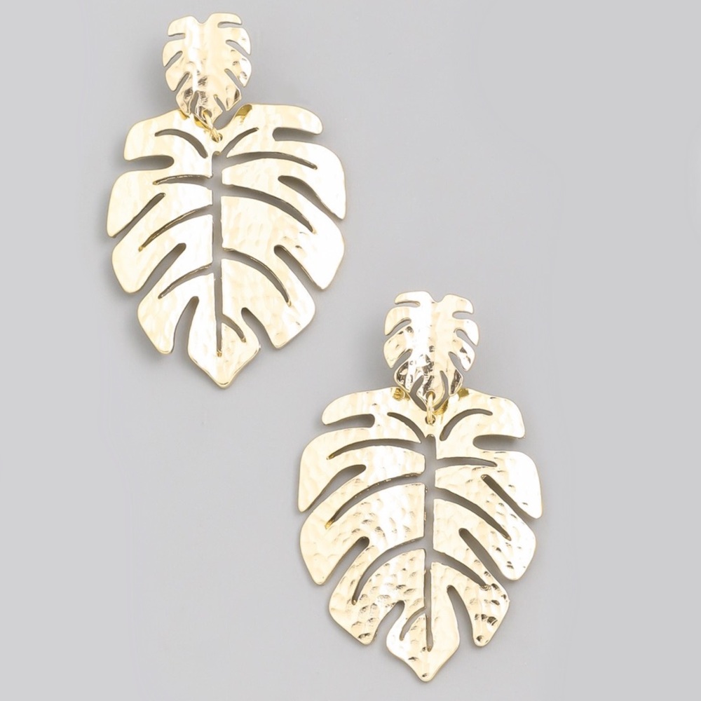 Hammered Gold Monstera Leaf Earrings - Picture 2 of 5